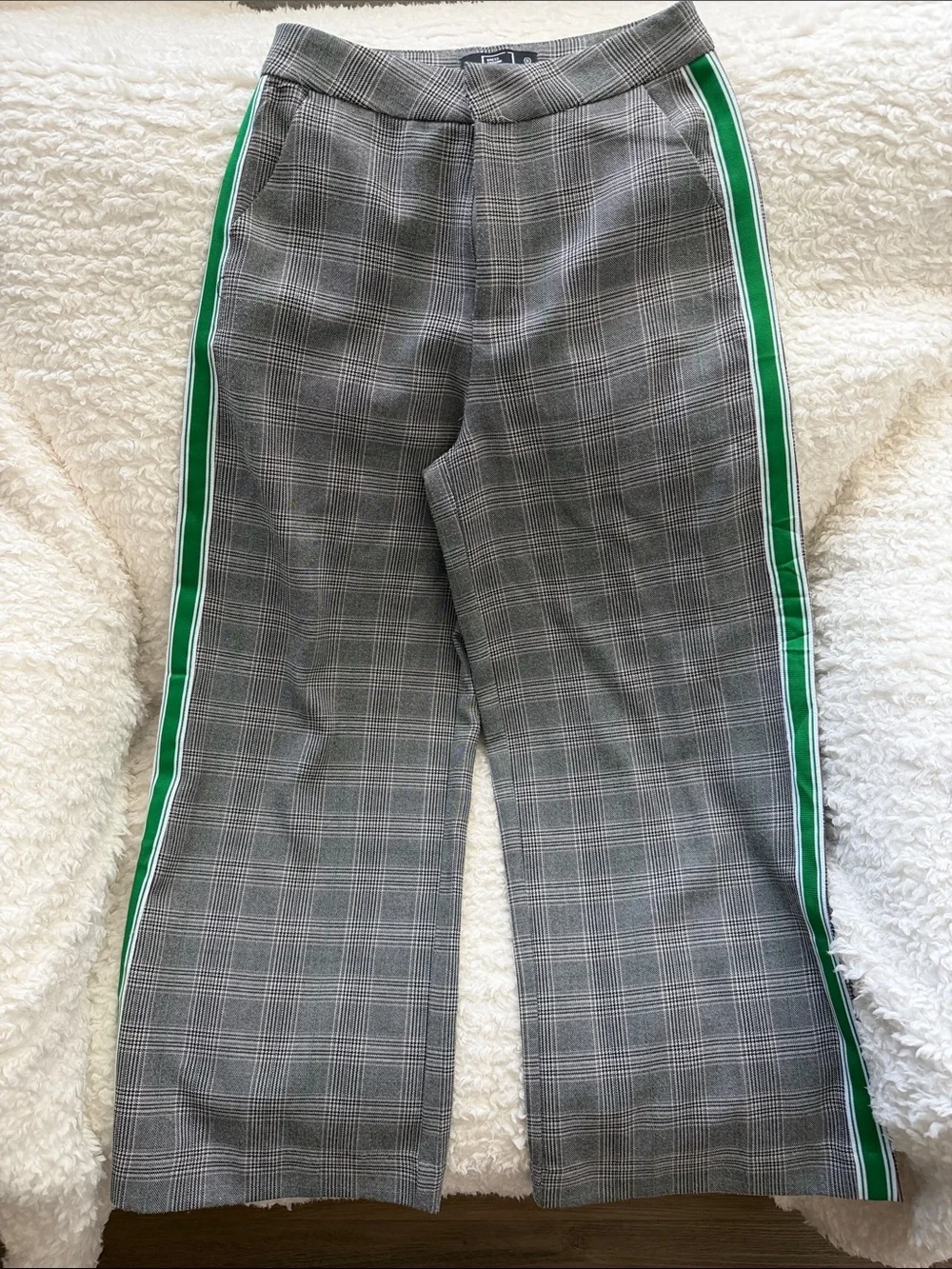 Gray Plaid women’s Dress cropped Pants with Green Side Stripes